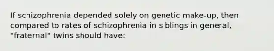 If schizophrenia depended solely on genetic make-up, then compared to rates of schizophrenia in siblings in general, "fraternal" twins should have: