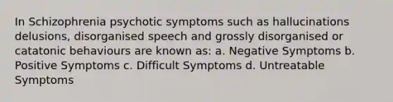 In Schizophrenia psychotic symptoms such as hallucinations delusions, disorganised speech and grossly disorganised or catatonic behaviours are known as: a. Negative Symptoms b. Positive Symptoms c. Difficult Symptoms d. Untreatable Symptoms