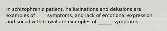 In schizophrenic patient, hallucinations and delusions are examples of ____ symptoms, and lack of emotional expression and social withdrawal are examples of ______ symptoms