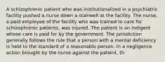 A schizophrenic patient who was institutionalized in a psychiatric facility pushed a nurse down a stairwell at the facility. The nurse, a paid employee of the facility who was trained to care for schizophrenic patients, was injured. The patient is an indigent whose care is paid for by the government. The jurisdiction generally follows the rule that a person with a mental deficiency is held to the standard of a reasonable person. In a negligence action brought by the nurse against the patient, th