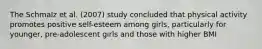 The Schmalz et al. (2007) study concluded that physical activity promotes positive self-esteem among girls, particularly for younger, pre-adolescent girls and those with higher BMI