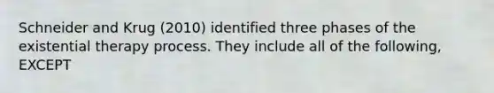 Schneider and Krug (2010) identified three phases of the existential therapy process. They include all of the following, EXCEPT
