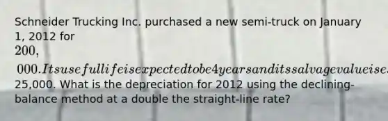 Schneider Trucking Inc. purchased a new semi-truck on January 1, 2012 for 200,000. Its useful life is expected to be 4 years and its salvage value is estimated at25,000. What is the depreciation for 2012 using the declining-balance method at a double the straight-line rate?