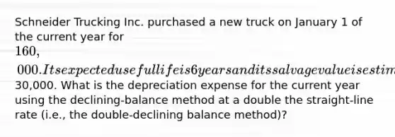 Schneider Trucking Inc. purchased a new truck on January 1 of the current year for 160,000. Its expected useful life is 6 years and its salvage value is estimated at30,000. What is the depreciation expense for the current year using the declining-balance method at a double the straight-line rate (i.e., the double-declining balance method)?