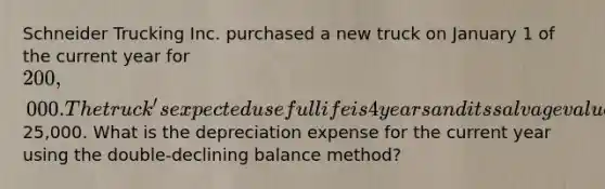 Schneider Trucking Inc. purchased a new truck on January 1 of the current year for 200,000. The truck's expected useful life is 4 years and its salvage value is estimated at25,000. What is the depreciation expense for the current year using the double-declining balance method?