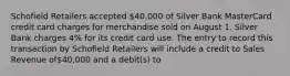 Schofield Retailers accepted 40,000 of Silver Bank MasterCard credit card charges for merchandise sold on August 1. Silver Bank charges 4% for its credit card use. The entry to record this transaction by Schofield Retailers will include a credit to Sales Revenue of40,000 and a debit(s) to