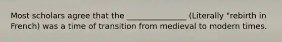 Most scholars agree that the _______________ (Literally "rebirth in French) was a time of transition from medieval to modern times.
