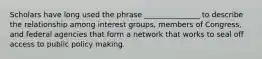 Scholars have long used the phrase _______________ to describe the relationship among interest groups, members of Congress, and federal agencies that form a network that works to seal off access to public policy making.