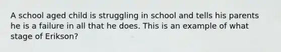 A school aged child is struggling in school and tells his parents he is a failure in all that he does. This is an example of what stage of Erikson?