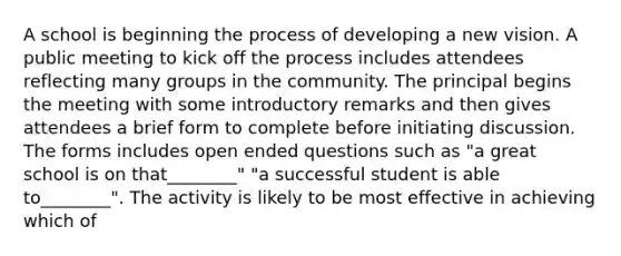 A school is beginning the process of developing a new vision. A public meeting to kick off the process includes attendees reflecting many groups in the community. The principal begins the meeting with some introductory remarks and then gives attendees a brief form to complete before initiating discussion. The forms includes open ended questions such as "a great school is on that________" "a successful student is able to________". The activity is likely to be most effective in achieving which of