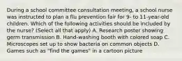 During a school committee consultation meeting, a school nurse was instructed to plan a flu prevention fair for 9- to 11-year-old children. Which of the following activities should be included by the nurse? (Select all that apply) A. Research poster showing germ transmission B. Hand-washing booth with colored soap C. Microscopes set up to show bacteria on common objects D. Games such as "find the games" in a cartoon picture