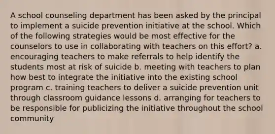 A school counseling department has been asked by the principal to implement a suicide prevention initiative at the school. Which of the following strategies would be most effective for the counselors to use in collaborating with teachers on this effort? a. encouraging teachers to make referrals to help identify the students most at risk of suicide b. meeting with teachers to plan how best to integrate the initiative into the existing school program c. training teachers to deliver a suicide prevention unit through classroom guidance lessons d. arranging for teachers to be responsible for publicizing the initiative throughout the school community