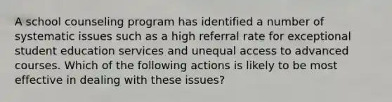 A school counseling program has identified a number of systematic issues such as a high referral rate for exceptional student education services and unequal access to advanced courses. Which of the following actions is likely to be most effective in dealing with these issues?