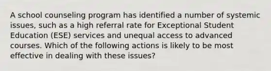 A school counseling program has identified a number of systemic issues, such as a high referral rate for Exceptional Student Education (ESE) services and unequal access to advanced courses. Which of the following actions is likely to be most effective in dealing with these issues?