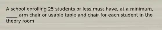 A school enrolling 25 students or less must have, at a minimum, _____ arm chair or usable table and chair for each student in the theory room