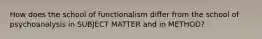 How does the school of functionalism differ from the school of psychoanalysis in SUBJECT MATTER and in METHOD?