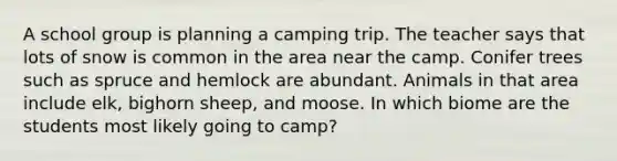 A school group is planning a camping trip. The teacher says that lots of snow is common in the area near the camp. Conifer trees such as spruce and hemlock are abundant. Animals in that area include elk, bighorn sheep, and moose. In which biome are the students most likely going to camp?