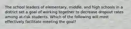 The school leaders of elementary, middle, and high schools in a district set a goal of working together to decrease dropout rates among at-risk students. Which of the following will most effectively facilitate meeting the goal?