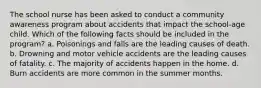 The school nurse has been asked to conduct a community awareness program about accidents that impact the school-age child. Which of the following facts should be included in the program? a. Poisonings and falls are the leading causes of death. b. Drowning and motor vehicle accidents are the leading causes of fatality. c. The majority of accidents happen in the home. d. Burn accidents are more common in the summer months.