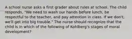 A school nurse asks a first grader about rules at school. The child responds, "We need to wash our hands before lunch, be respectful to the teacher, and pay attention in class. If we don't, we'll get into big trouble." The nurse should recognize that the child is in which of the following of Kohlberg's stages of moral development?