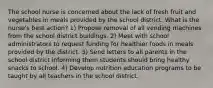 The school nurse is concerned about the lack of fresh fruit and vegetables in meals provided by the school district. What is the nurse's best action? 1) Propose removal of all vending machines from the school district buildings. 2) Meet with school administrators to request funding for healthier foods in meals provided by the district. 3) Send letters to all parents in the school district informing them students should bring healthy snacks to school. 4) Develop nutrition education programs to be taught by all teachers in the school district.