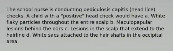 The school nurse is conducting pediculosis capitis (head lice) checks. A child with a "positive" head check would have a. White flaky particles throughout the entire scalp b. Maculopapular lesions behind the ears c. Lesions in the scalp that extend to the hairline d. White sacs attached to the hair shafts in the occipital area