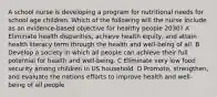 A school nurse is developing a program for nutritional needs for school age children. Which of the following will the nurse include as an evidence-based objective for healthy people 2030? A Eliminate health disparities, achieve health equity, and attain health literacy term through the health and well-being of all. B Develop a society in which all people can achieve their full potential for health and well-being. C Eliminate very low food security among children in US household. D Promote, strengthen, and evaluate the nations efforts to improve health and well-being of all people