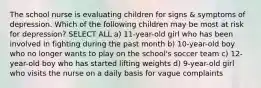 The school nurse is evaluating children for signs & symptoms of depression. Which of the following children may be most at risk for depression? SELECT ALL a) 11-year-old girl who has been involved in fighting during the past month b) 10-year-old boy who no longer wants to play on the school's soccer team c) 12-year-old boy who has started lifting weights d) 9-year-old girl who visits the nurse on a daily basis for vague complaints