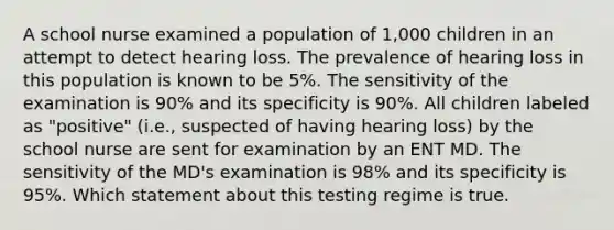 A school nurse examined a population of 1,000 children in an attempt to detect hearing loss. The prevalence of hearing loss in this population is known to be 5%. The sensitivity of the examination is 90% and its specificity is 90%. All children labeled as "positive" (i.e., suspected of having hearing loss) by the school nurse are sent for examination by an ENT MD. The sensitivity of the MD's examination is 98% and its specificity is 95%. Which statement about this testing regime is true.