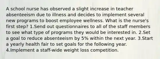 A school nurse has observed a slight increase in teacher absenteeism due to illness and decides to implement several new programs to boost employee wellness. What is the nurse's first step? 1.Send out questionnaires to all of the staff members to see what type of programs they would be interested in. 2.Set a goal to reduce absenteeism by 5% within the next year. 3.Start a yearly health fair to set goals for the following year. 4.Implement a staff-wide weight loss competition.