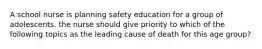 A school nurse is planning safety education for a group of adolescents. the nurse should give priority to which of the following topics as the leading cause of death for this age group?