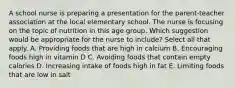 A school nurse is preparing a presentation for the parent-teacher association at the local elementary school. The nurse is focusing on the topic of nutrition in this age group. Which suggestion would be appropriate for the nurse to include? Select all that apply. A. Providing foods that are high in calcium B. Encouraging foods high in vitamin D C. Avoiding foods that contain empty calories D. Increasing intake of foods high in fat E. Limiting foods that are low in salt