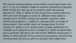 The school nurse providing school health screenings knows that the 7-11 yo is in Piaget's stage of concrete operational thoughts. What should this age group accomplish when developing operations? SATA A. ability to see things from another person's POV and think through an action B. ability to think about a problem from all POV, ranking the possible solutions while solving the problems C. ability to understand the principle of conversation- that matter does not change when its form changes D. ability to use stored mems of past experiences to evaluate and interpret present situations E. ability to assimilate and coordinate info about the world from different dimensions F. ability to think outside of the present & incorporate into thinking concepts that do exist as well as concepts that might exist