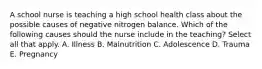 A school nurse is teaching a high school health class about the possible causes of negative nitrogen balance. Which of the following causes should the nurse include in the teaching? Select all that apply. A. Illness B. Malnutrition C. Adolescence D. Trauma E. Pregnancy