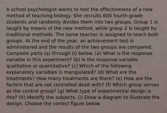 A school psychologist wants to test the effectiveness of a new method of teaching biology. She recruits 600 fourth​-grade students and randomly divides them into two groups. Group 1 is taught by means of the new​ method, while group 2 is taught by traditional methods. The same teacher is assigned to teach both groups. At the end of the​ year, an achievement test is administered and the results of the two groups are compared. Complete parts​ (a) through​ (i) below. ​(a) What is the response variable in this​ experiment? ​(b) Is the response variable qualitative or​ quantitative? ​(c) Which of the following explanatory variables is​ manipulated? ​(d) What are the​ treatments? How many treatments are​ there? (e) How are the factors that are not controlled dealt​ with? (f) Which group serves as the control​ group? ​(g) What type of experimental design is​ this? (h) Identify the subjects. (i) Draw a diagram to illustrate the design. Choose the correct figure below.