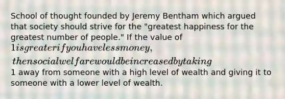 School of thought founded by Jeremy Bentham which argued that society should strive for the "greatest happiness for the greatest number of people." If the value of 1 is greater if you have less money, then social welfare would be increased by taking1 away from someone with a high level of wealth and giving it to someone with a lower level of wealth.