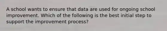 A school wants to ensure that data are used for ongoing school improvement. Which of the following is the best initial step to support the improvement process?