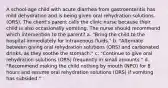 A school-age child with acute diarrhea from gastroenteritis has mild dehydration and is being given oral rehydration solutions (ORS). The client's parent calls the clinic nurse because their child is also occasionally vomiting. The nurse should recommend which intervention to the parent? a. "Bring the child to the hospital immediately for intravenous fluids." b. "Alternate between giving oral rehydration solutions (ORS) and carbonated drinks, as they soothe the stomach." c. "Continue to give oral rehydration solutions (ORS) frequently in small amounts." d. "Recommend making the child nothing by mouth (NPO) for 8 hours and resume oral rehydration solutions (ORS) if vomiting has subsided."