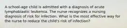 A school-age child is admitted with a diagnosis of acute lymphoblastic leukemia. The nurse recognizes a nursing diagnosis of risk for infection. What is the most effective way for the nurse to reduce the child's risk of infection?