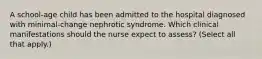 A school-age child has been admitted to the hospital diagnosed with minimal-change nephrotic syndrome. Which clinical manifestations should the nurse expect to assess? (Select all that apply.)