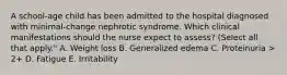 A school-age child has been admitted to the hospital diagnosed with minimal-change nephrotic syndrome. Which clinical manifestations should the nurse expect to assess? (Select all that apply." A. Weight loss B. Generalized edema C. Proteinuria > 2+ D. Fatigue E. Irritability