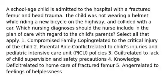 A school-age child is admitted to the hospital with a fractured femur and head trauma. The child was not wearing a helmet while riding a new bicycle on the highway, and collided with a car. Which nursing diagnoses should the nurse include in the plan of care with regard to the child's parents? Select all that apply. 1. Compromised Family Copingrelated to the critical injury of the child 2. Parental Role Conflictrelated to child's injuries and pediatric intensive care unit (PICU) policies 3. Guiltrelated to lack of child supervision and safety precautions 4. Knowledge Deficitrelated to home care of fractured femur 5. Angerrelated to feelings of helplessness