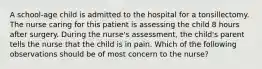 A school-age child is admitted to the hospital for a tonsillectomy. The nurse caring for this patient is assessing the child 8 hours after surgery. During the nurse's assessment, the child's parent tells the nurse that the child is in pain. Which of the following observations should be of most concern to the nurse?