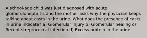 A school-age child was just diagnosed with acute glomerulonephritis and the mother asks why the physician keeps talking about casts in the urine. What does the presence of casts in urine indicate? a) Glomerular injury b) Glomerular healing c) Recent streptococcal infection d) Excess protein in the urine