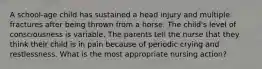 A school-age child has sustained a head injury and multiple fractures after being thrown from a horse. The child's level of consciousness is variable. The parents tell the nurse that they think their child is in pain because of periodic crying and restlessness. What is the most appropriate nursing action?