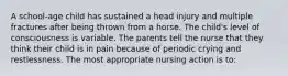 A school-age child has sustained a head injury and multiple fractures after being thrown from a horse. The child's level of consciousness is variable. The parents tell the nurse that they think their child is in pain because of periodic crying and restlessness. The most appropriate nursing action is to: