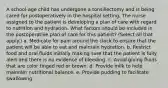 A school-age child has undergone a tonsillectomy and is being cared for postoperatively in the hospital setting. The nurse assigned to the patient is developing a plan of care with regard to nutrition and hydration. What factors should be included in the postoperative plan of care for this patient? (Select all that apply.) a. Medicate for pain around the clock to ensure that the patient will be able to eat and maintain hydration. b. Restrict food and oral fluids initially making sure that the patient is fully alert and there is no evidence of bleeding. c. Avoid giving fluids that are color tinged red or brown. d. Provide milk to help maintain nutritional balance. e. Provide pudding to facilitate swallowing.