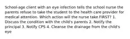 School-age client with an eye infection tells the school nurse the parents refuse to take the student to the health care provider for medical attention. Which action will the nurse take FIRST? 1. Discuss the condition with the child's parents 2. Notify the principal 3. Notify CPS 4. Cleanse the drainage from the child's eye