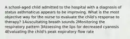 A school-aged child admitted to the hospital with a diagnosis of status asthmaticus appears to be improving. What is the most objective way for the nurse to evaluate the child's response to therapy? 1Auscultating breath sounds 2Monitoring the respiratory pattern 3Assessing the lips for decreased cyanosis 4Evaluating the child's peak expiratory flow rate