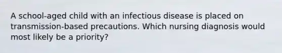 A school-aged child with an infectious disease is placed on transmission-based precautions. Which nursing diagnosis would most likely be a priority?